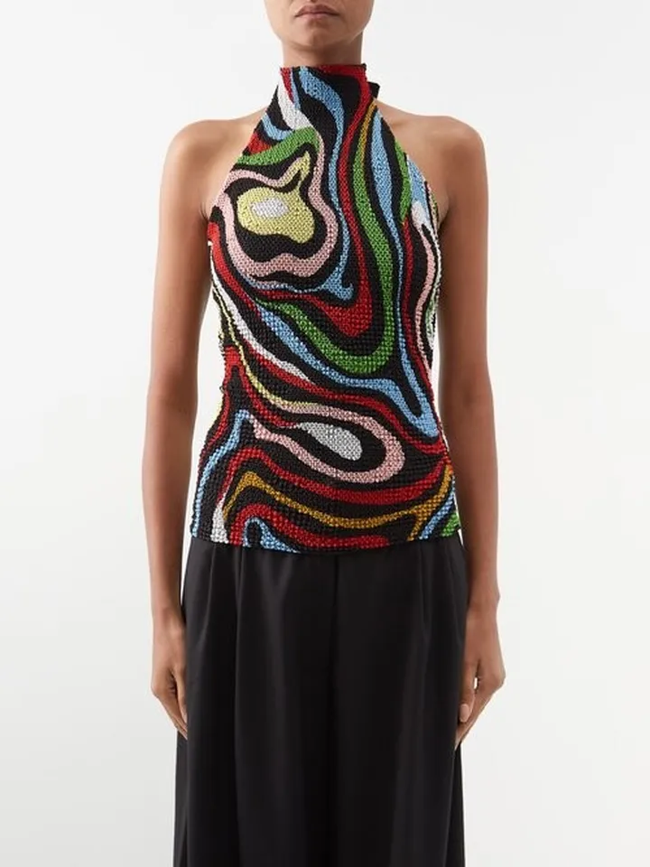 Halterneck Smocked Printed Crepe De Chine Top