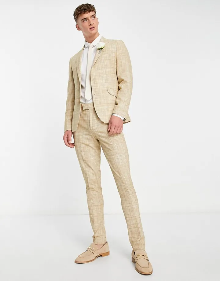 ASOS DESIGN wedding skinny suit pants in stone crosshatch
