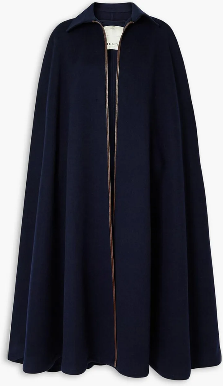 Leather-trimmed cashmere cape