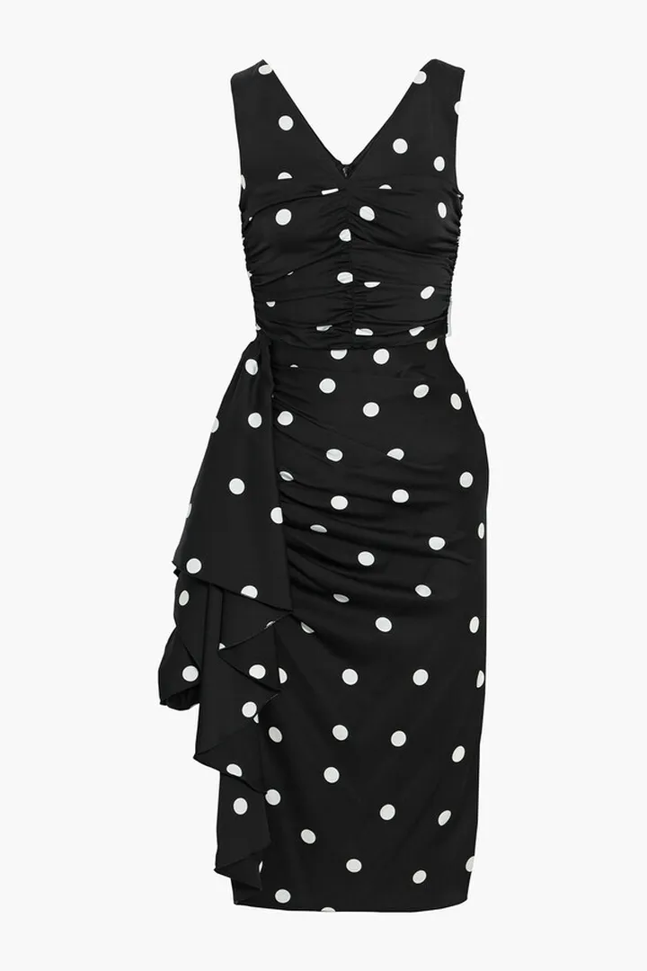 Ruched draped polka-dot silk-blend dress