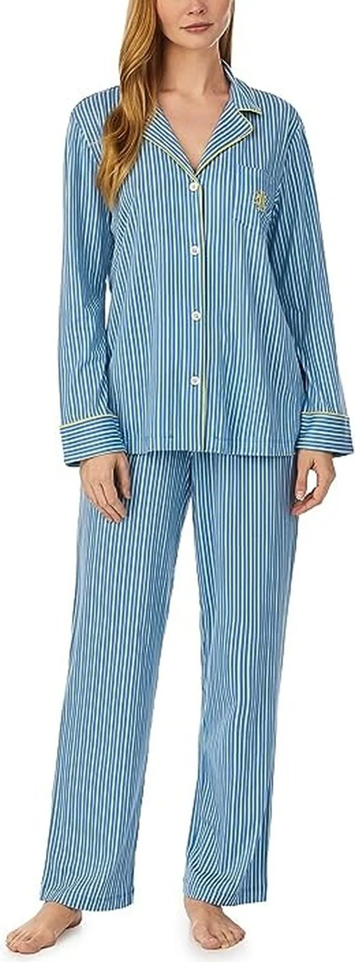 LAUREN Ralph Lauren Long Sleeve Knit Notch PJ Set (Blue Stripe) Women's Pajama Sets