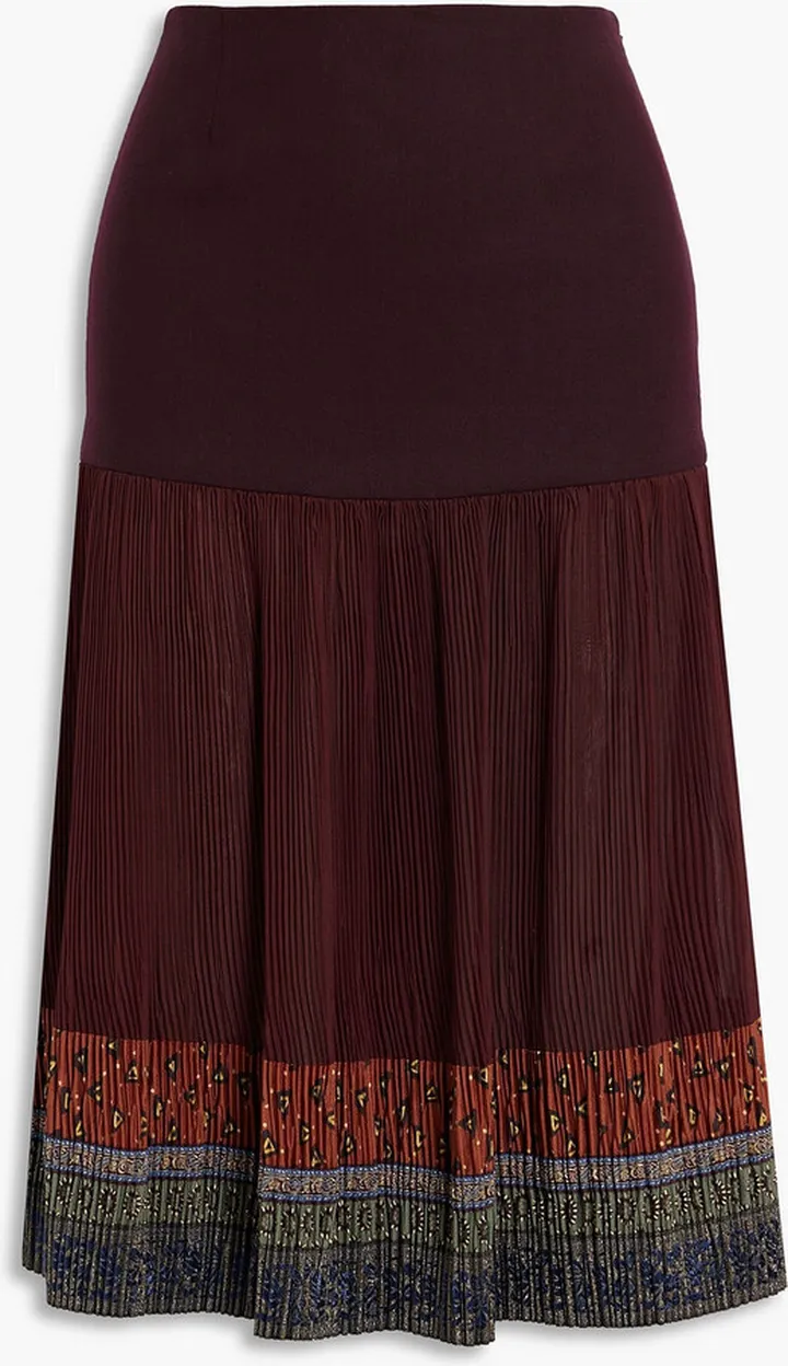 Ballet plissé crepe de chine-paneled woven midi skirt