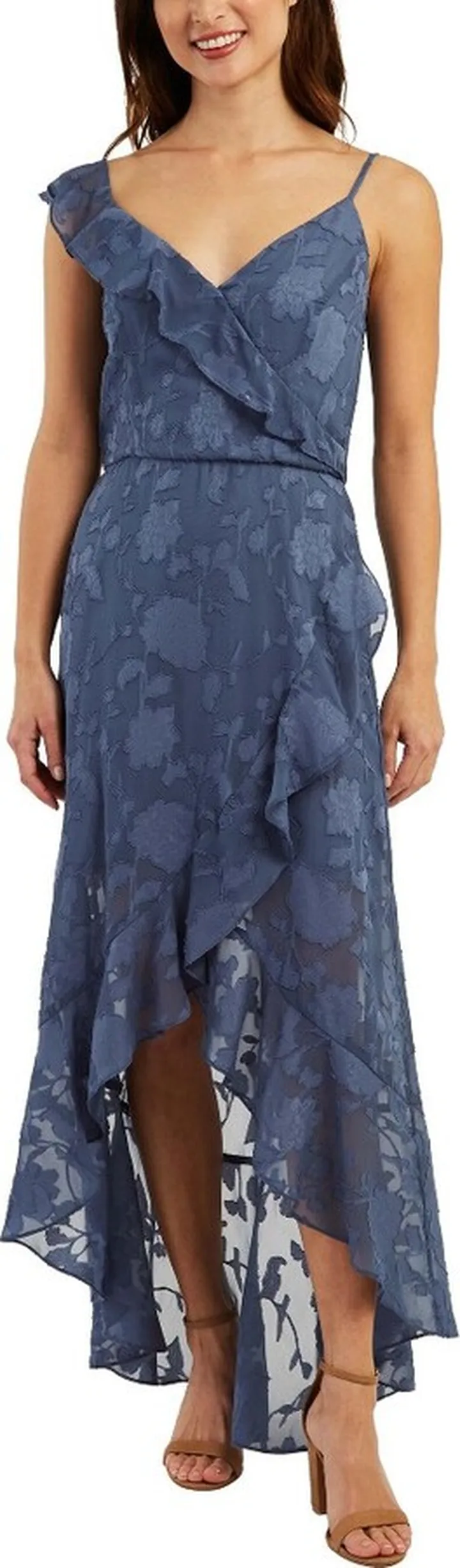 A. Byer Women's Strappy Off the Shoulder Dress with Asymmetrical Ruffle Hi-Low Hem