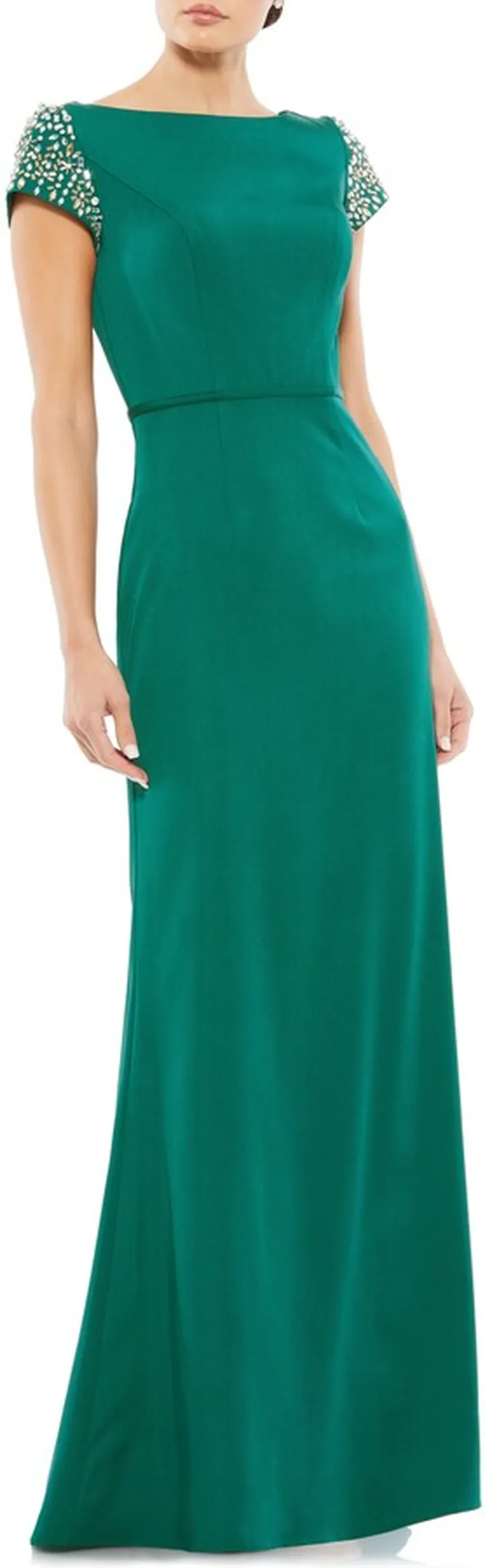 Beaded Cap Sleeve Satin Sheath Gown