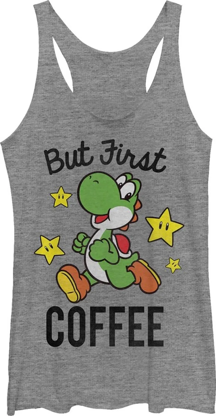 Women's Nintendo Yoshi First Coffee Racerback Tank Top - Gray Heather - Medium