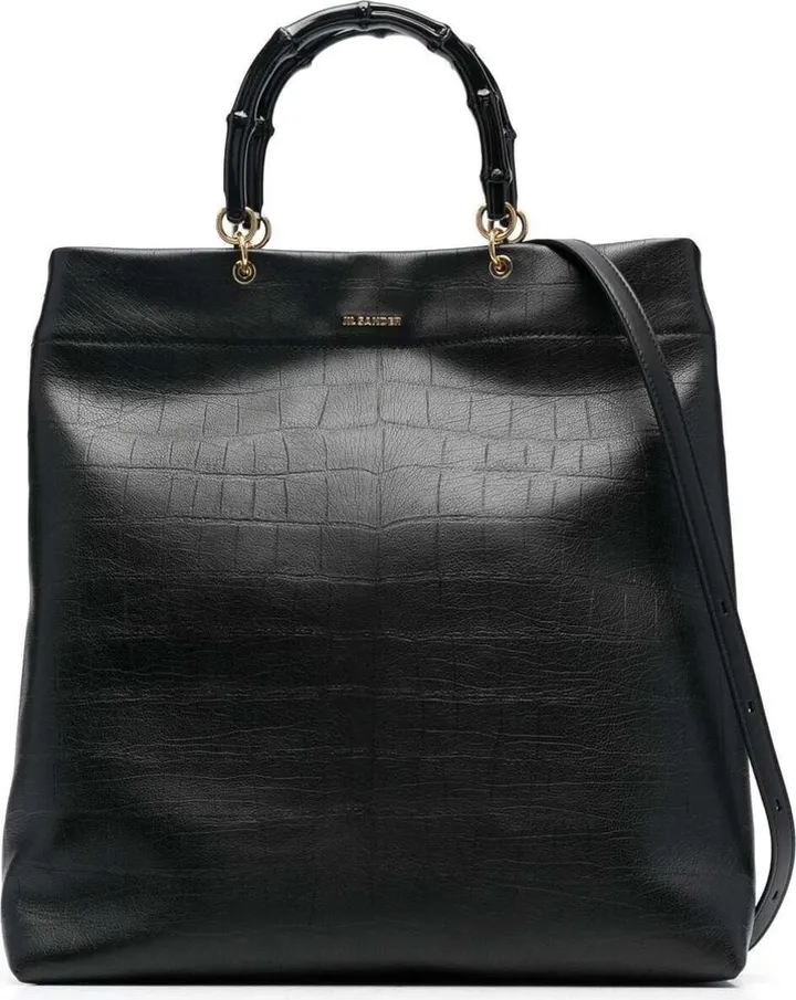 Black Croco Embossed Tote Bag With Bamboo Handles In Leather Woman