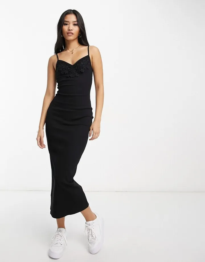 Miss Selfridge lace trim rib cami midi dress in black