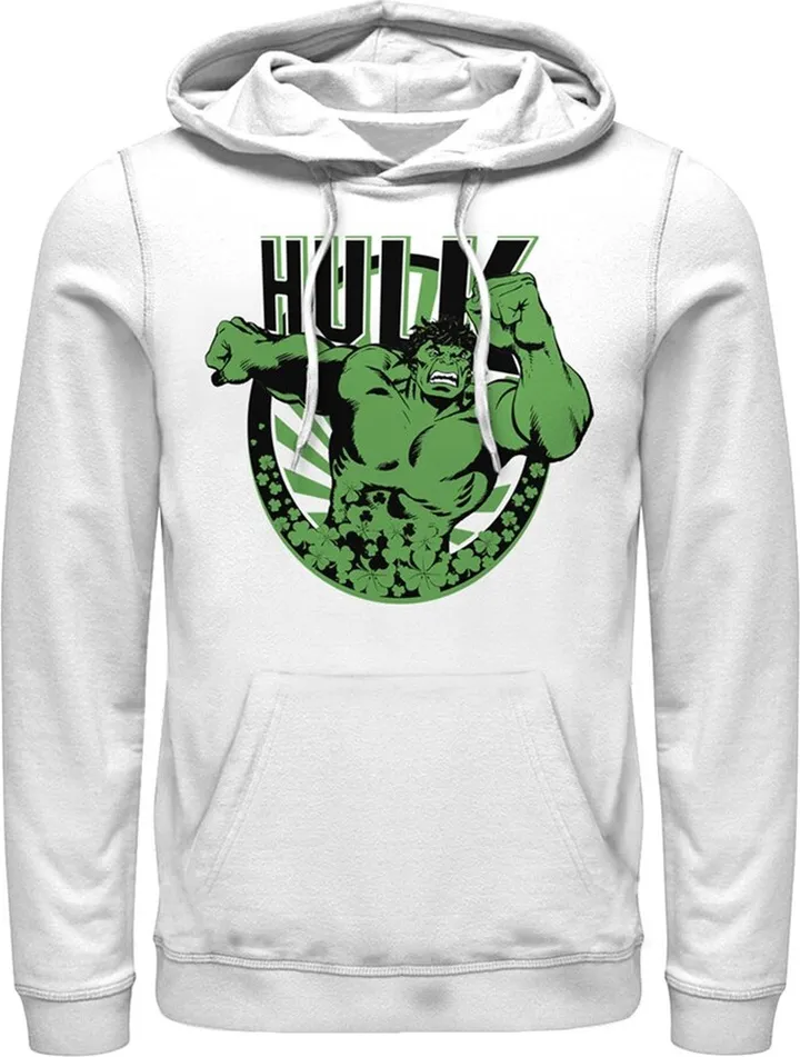 Men's Marvel St. Patrick's Day Hulk Running Shamrock Pull Over Hoodie - White - Large