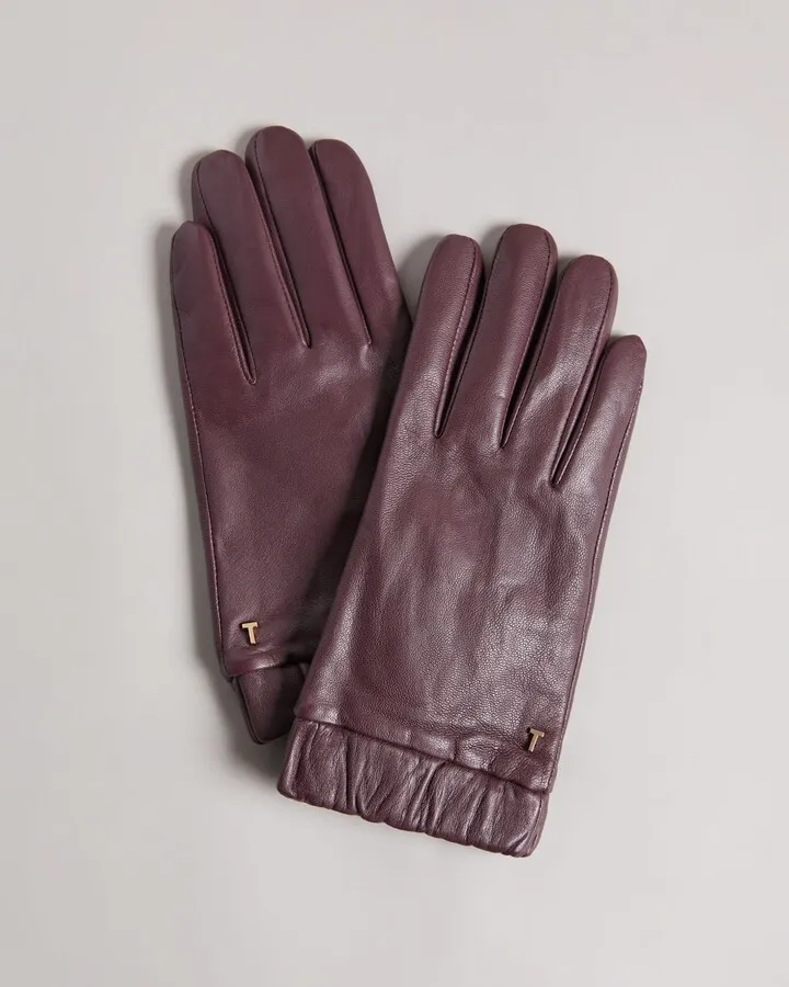 Ruched Cuff Leather Gloves in Deep Purple