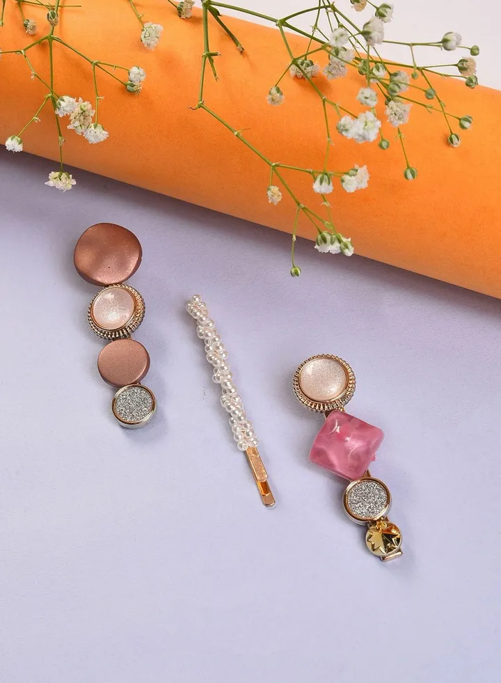 Pack of 3 Gold Plated Designer Stone Hair Pin