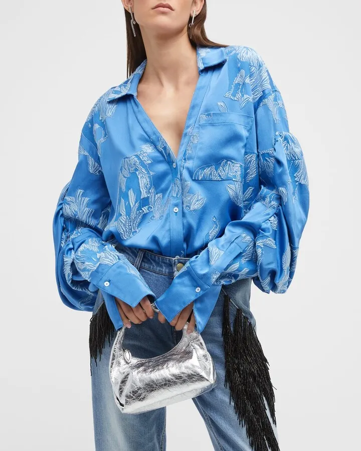 Audrey Elephant Jacquard Puff-Sleeve Shirt