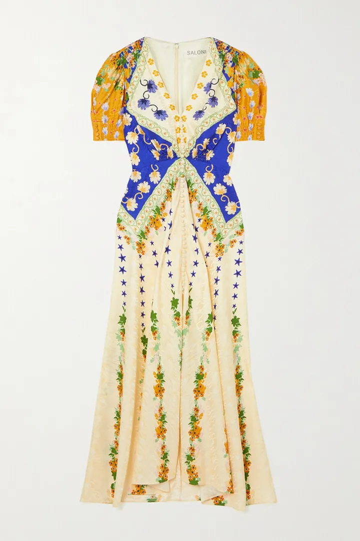 Saloni - Lea Printed Silk-jacquard Midi Dress - Yellow