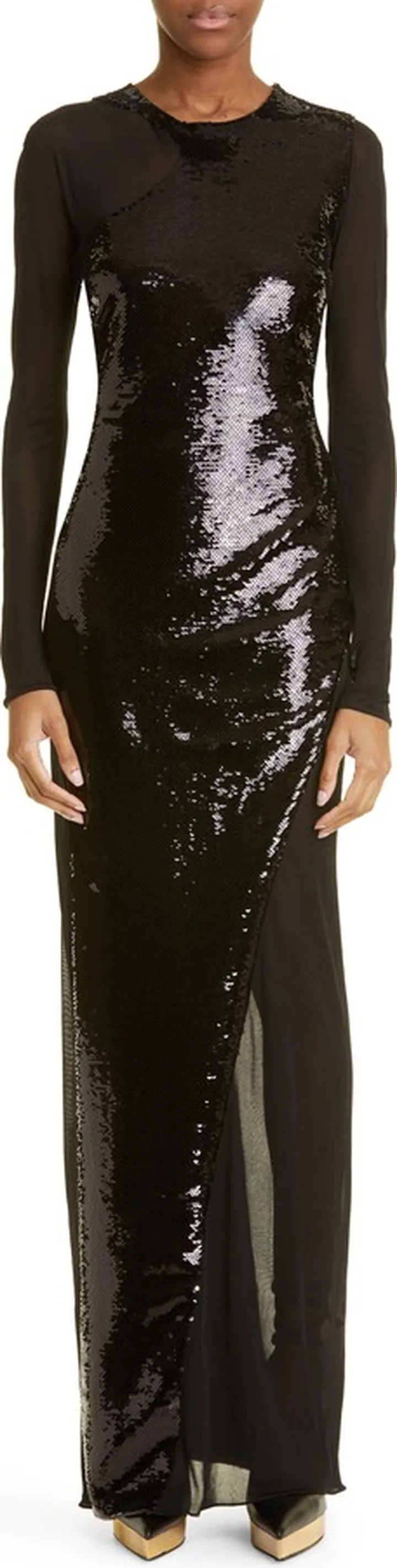 Sequin & Illusion Lace Long Sleeve Column Gown