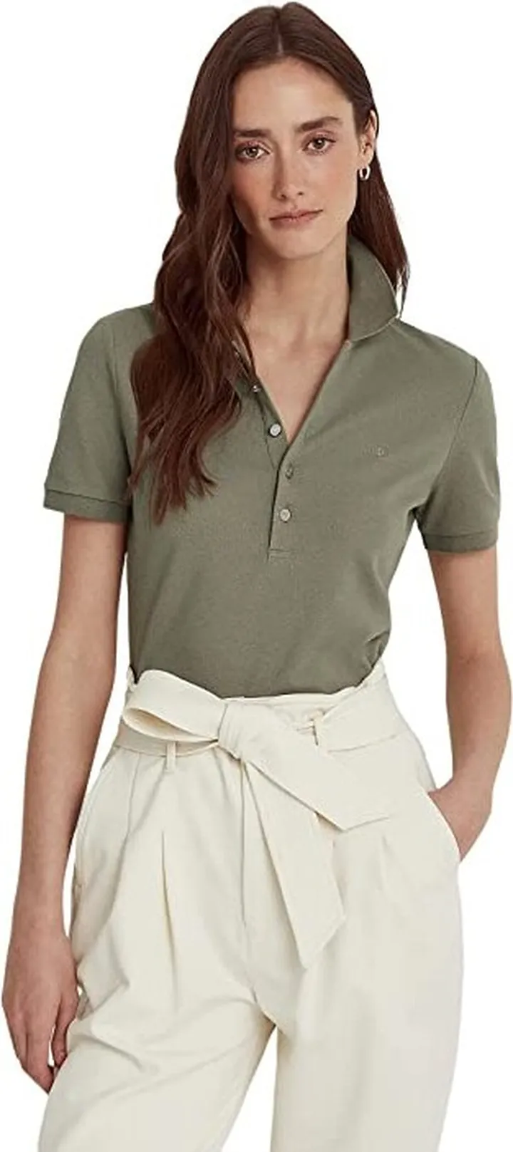 LAUREN Ralph Lauren Stretch Pique Polo Shirt (Muted Moss) Women's Clothing