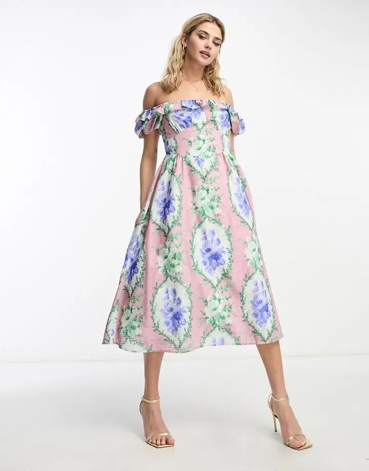 Hope & Ivy off shoulder midi dress in blue floral