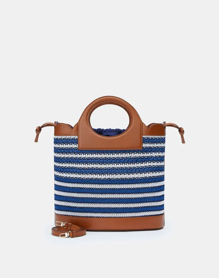 Stripe Raffia Vachetta Leather Basket Baglarge