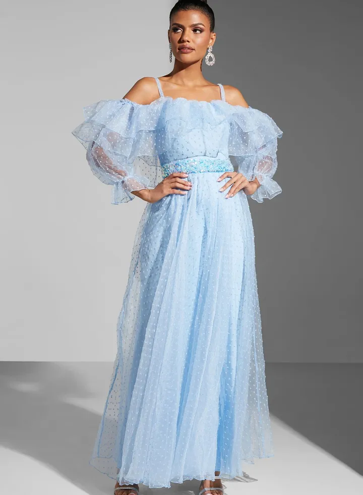 Zena Louay Dotted Gown With Ruffles