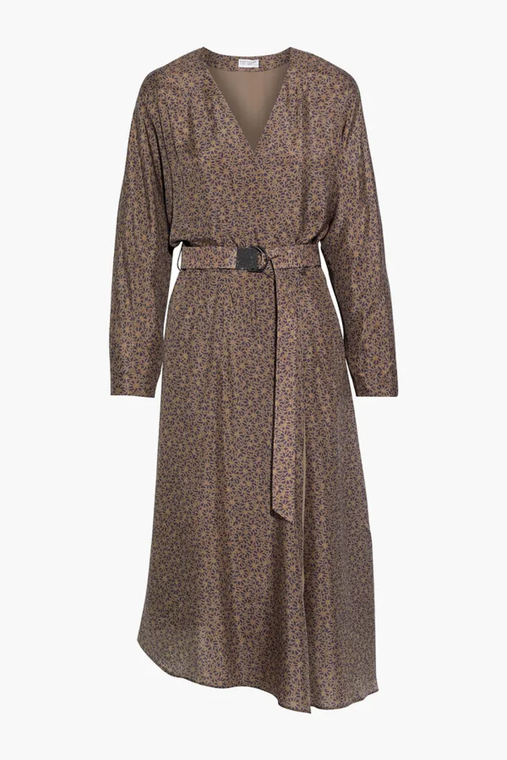 Belted printed silk crepe de chine midi wrap dress