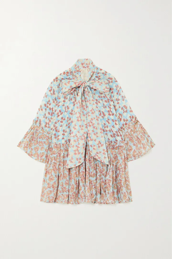 Yvonne S - Angelica Pussy-bow Gathered Printed Linen Mini Dress - Blue