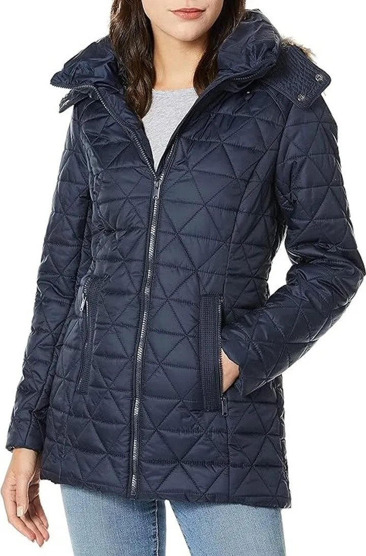 Marc New York by Andrew Marc Womens Chevron Quilted Down Jacket with Removable Faux Fur Hood (Navy) Women's Coat