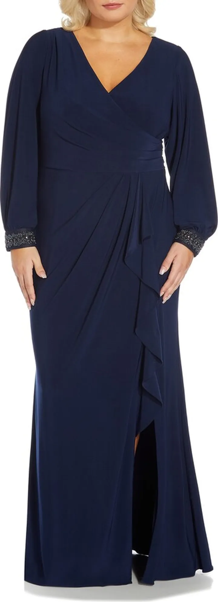Draped Beaded Long Sleeve Jersey Gown