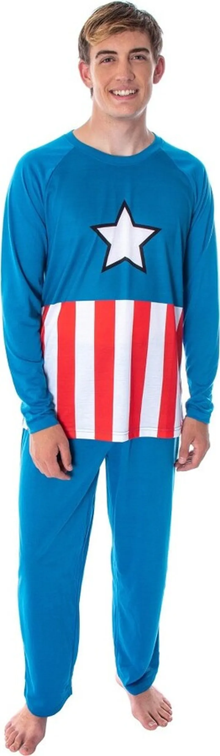 Marvel Men's Vintage Captain America Costume Raglan Top And Pants Pajama Set LG Blue