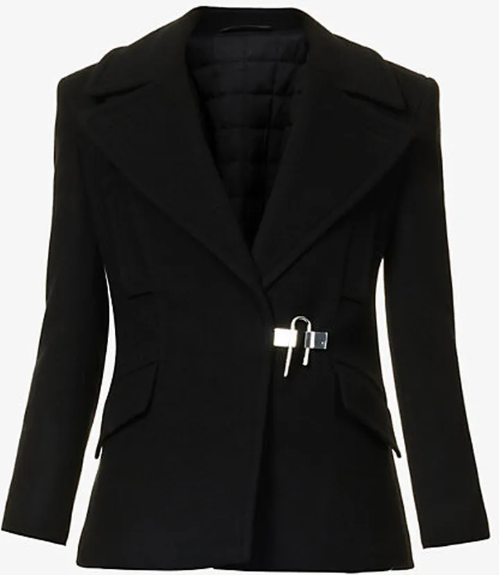 Womens Black U-lock V-neck Wool Coat