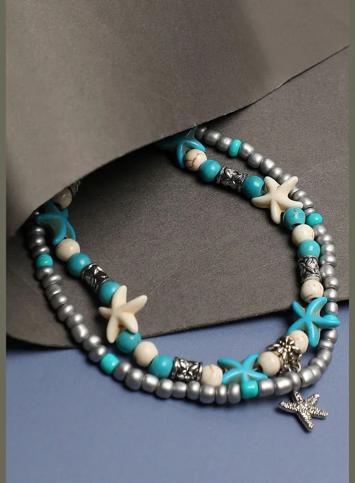 2 Piece Silver Plated Casual Beaded Anklet For Women