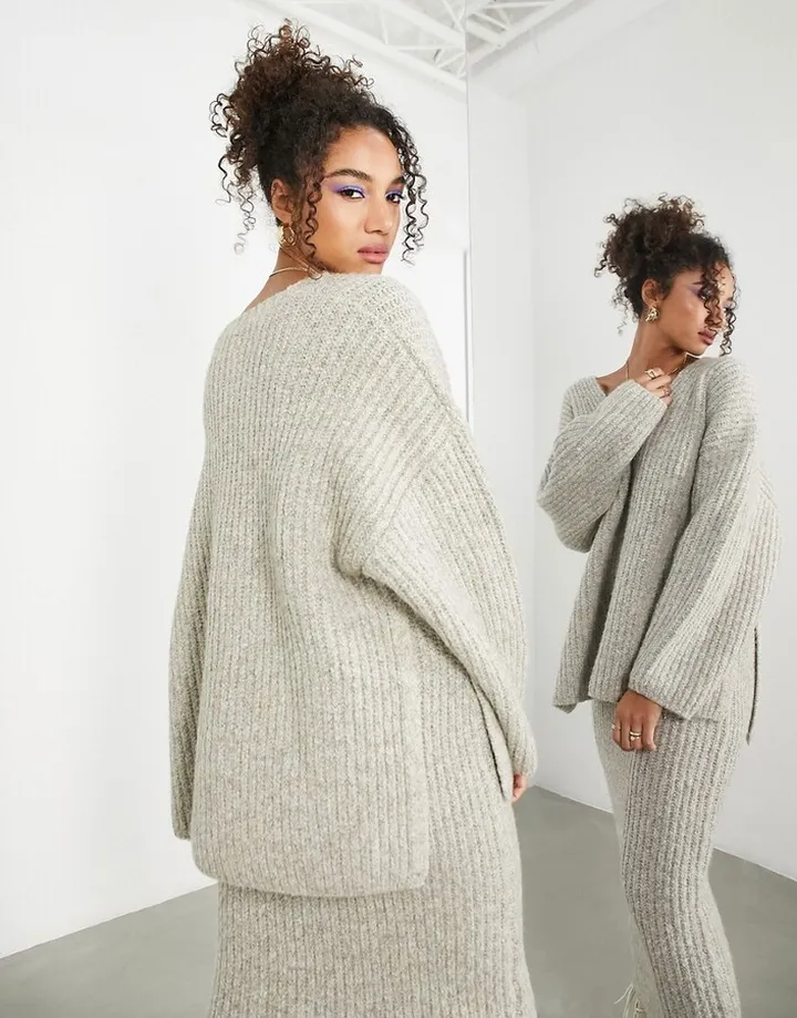 ASOS EDITION chunky knit ribbed v neck sweater in oatmeal