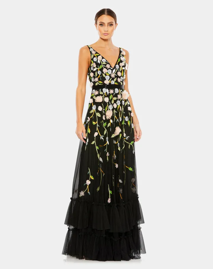 Embellished Sleeveless V Neck A Line Gown