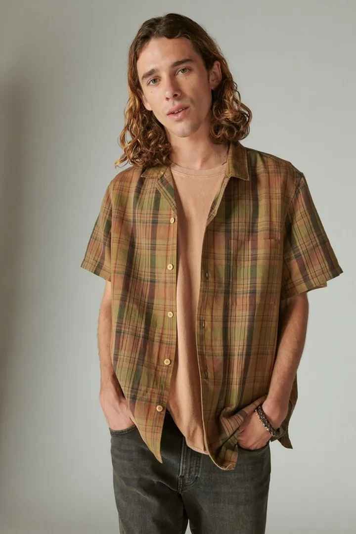 Linen Madras Plaid Short Sleeve Camp Collar Shirt