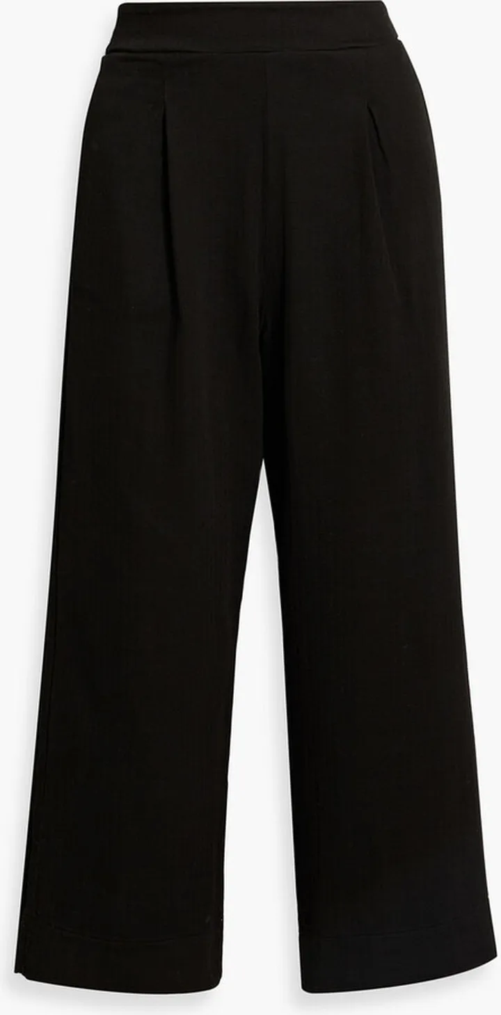 Cropped pleated herringbone cotton wide-leg pants