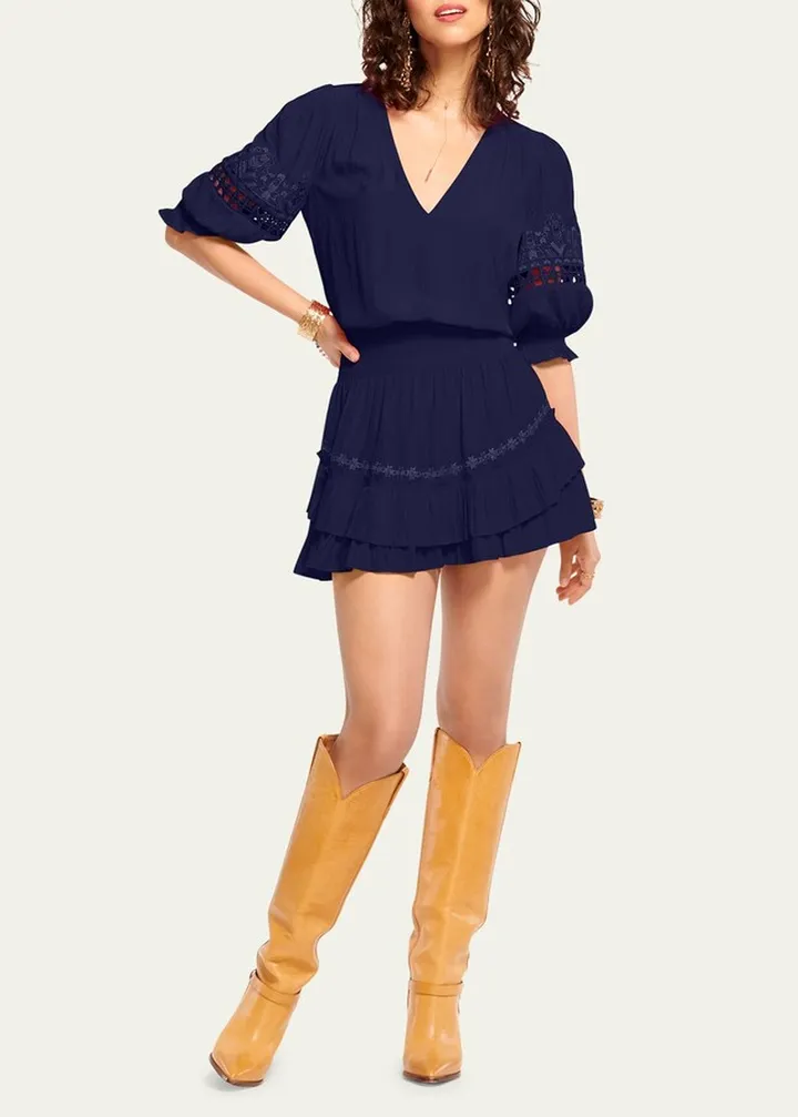 Annadele Embroidered Puff-Sleeve Mini Dress