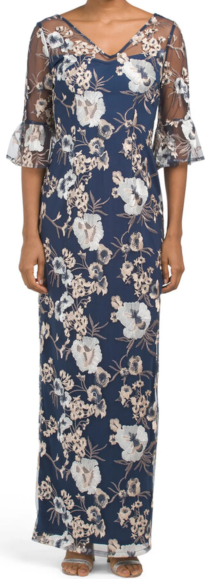Elbow Illusion Sleeve Floral Gown