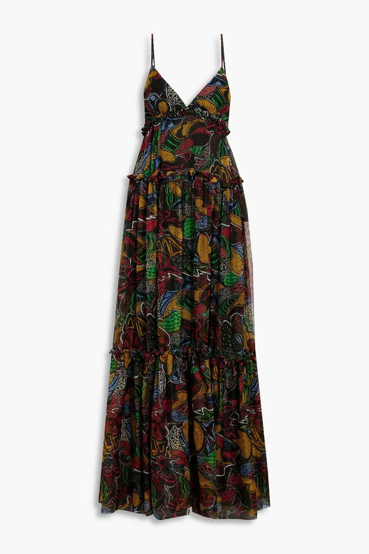 Ruffle-trimmed printed silk-chiffon maxi dress