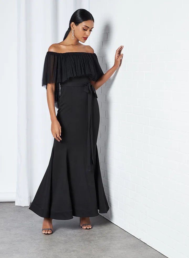 Cap Sleeve Off-Shoulder Bardot Dress Black