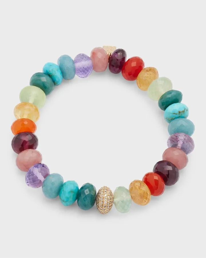 14K Yellow Gold 10mm Rainbow Multi-Stone and Diamond Donut Bracelet