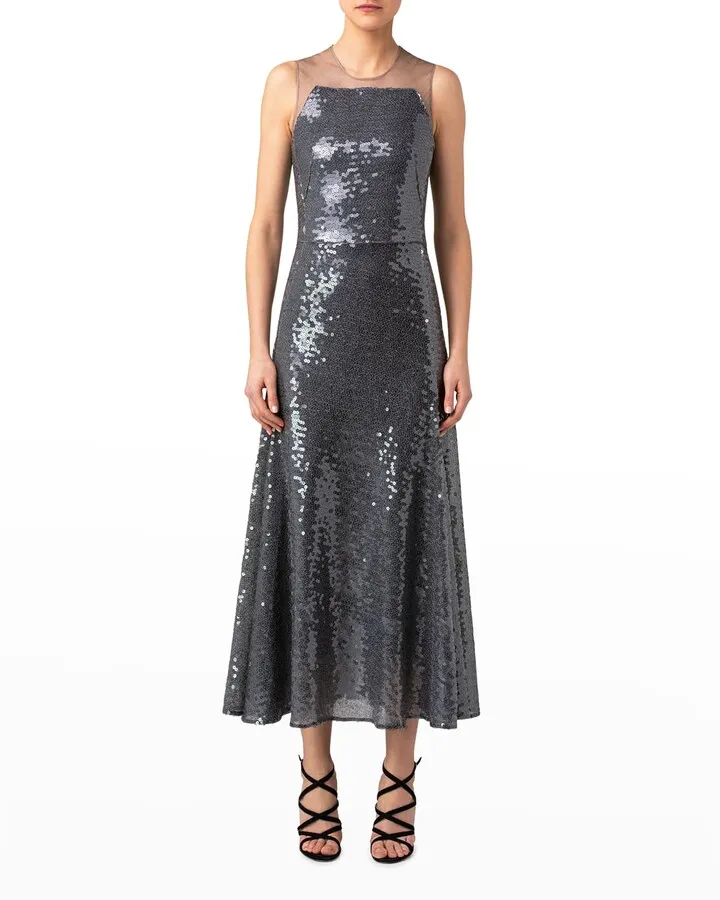 Sequin-Embellished Tulle Illusion Midi Dress