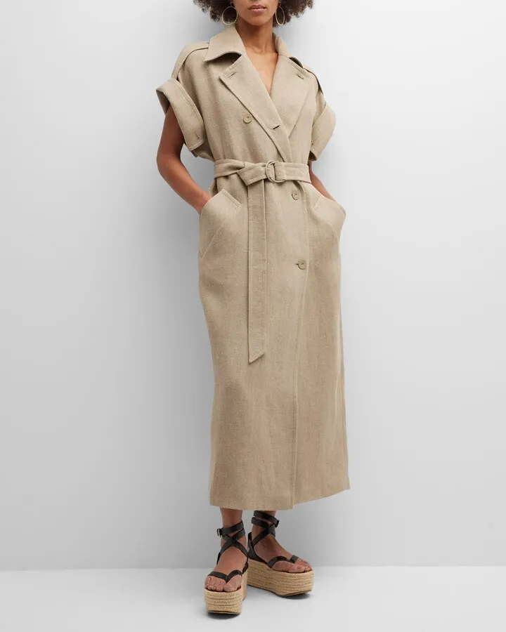 Girello Short-Sleeve Belted Linen Trench Coat