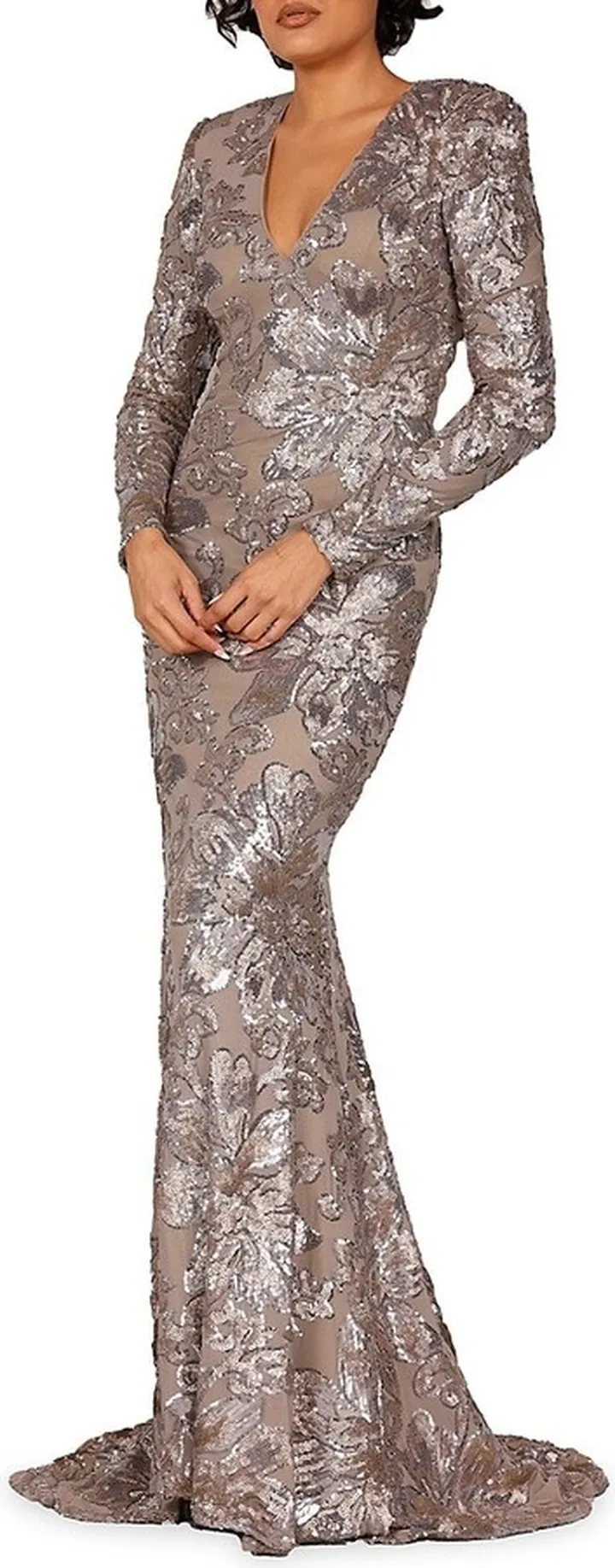 Floral V Neck Sequin Gown