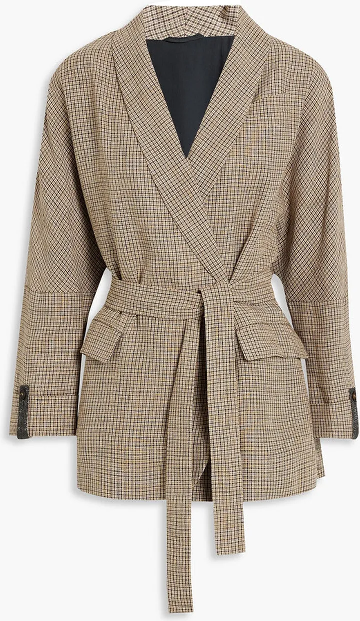 Belted checked linen-blend tweed blazer