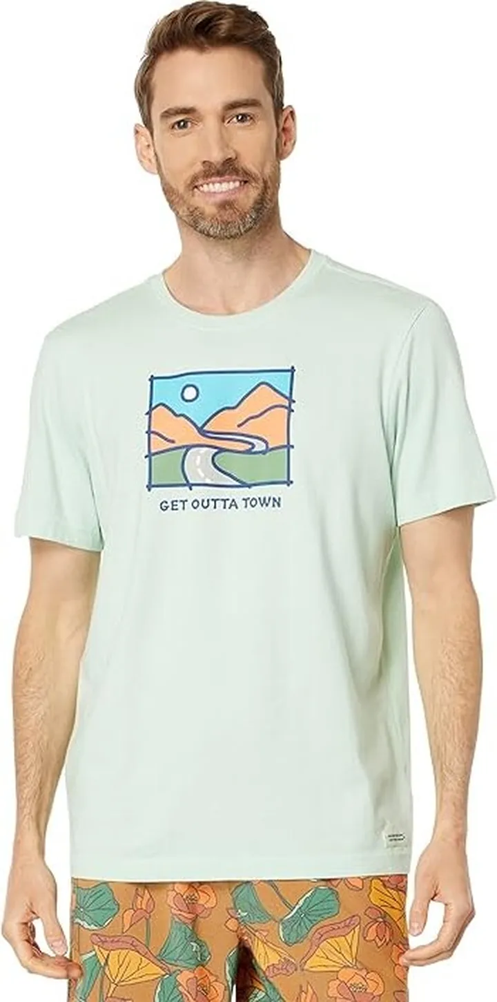 Life is Good Get Outta Town Vista Crusher Tee (Sage Green) Men's Clothing