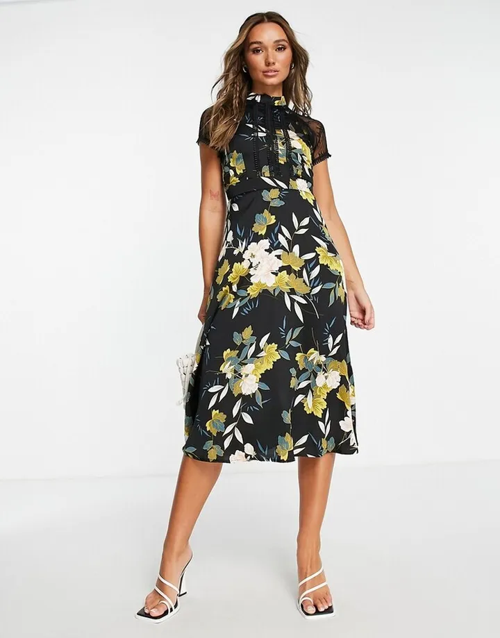 Liquorish a line lace detail midi dress in floral print