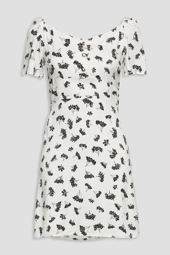 Roseline shirred printed cupro-blend jacquard mini dress