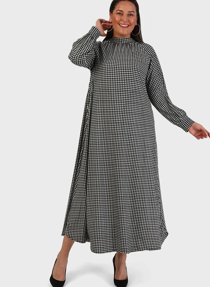 Checked Puff Sleeve Dress
