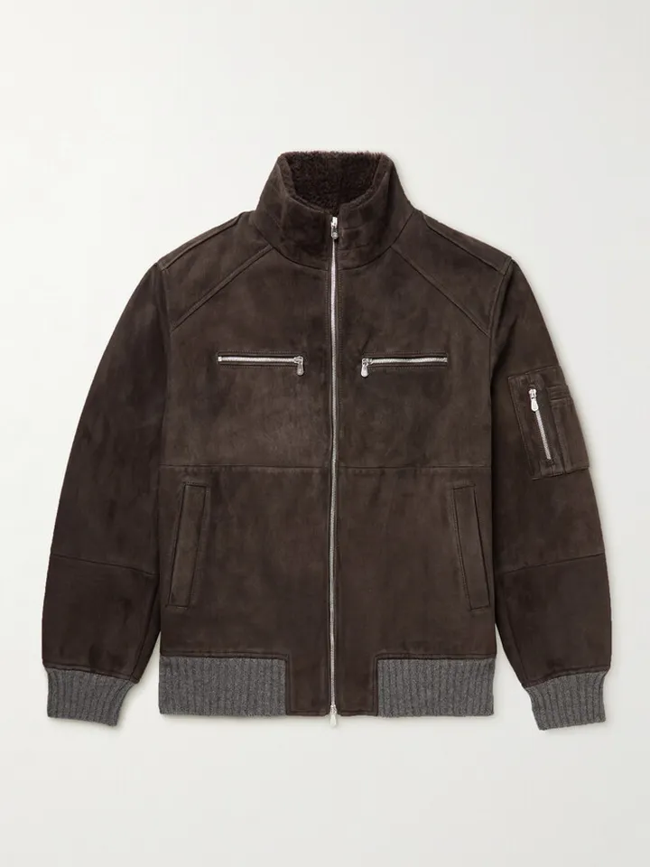 Shearling-Lined Cashmere-Trimmed Suede Bomber Jacket