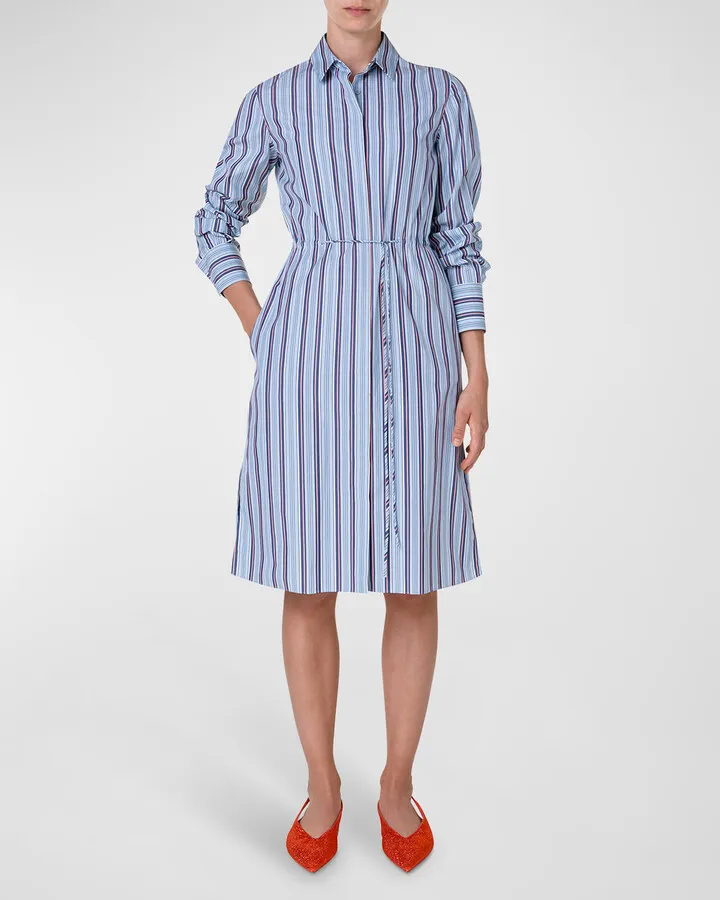 Striped Cinched-Waist Cotton Popeline Shirtdress
