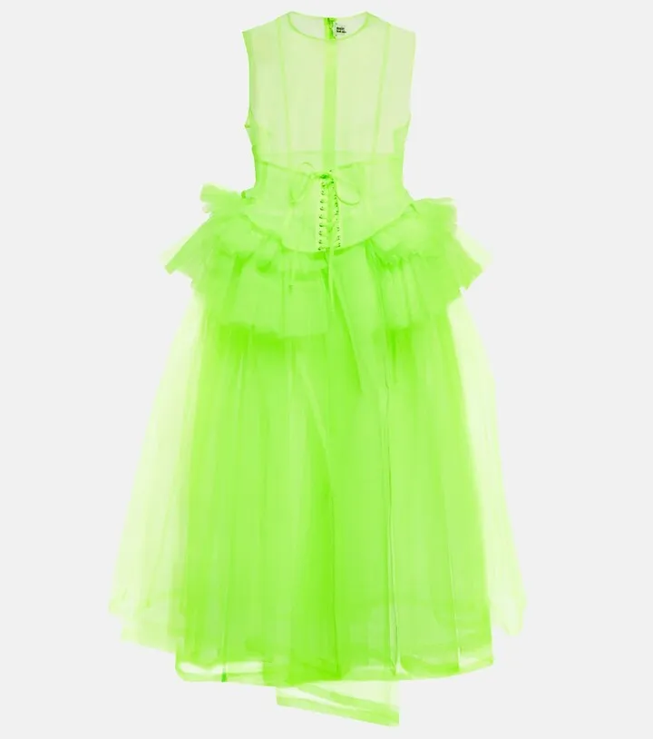 Semi-sheer ruffled tulle midi dress