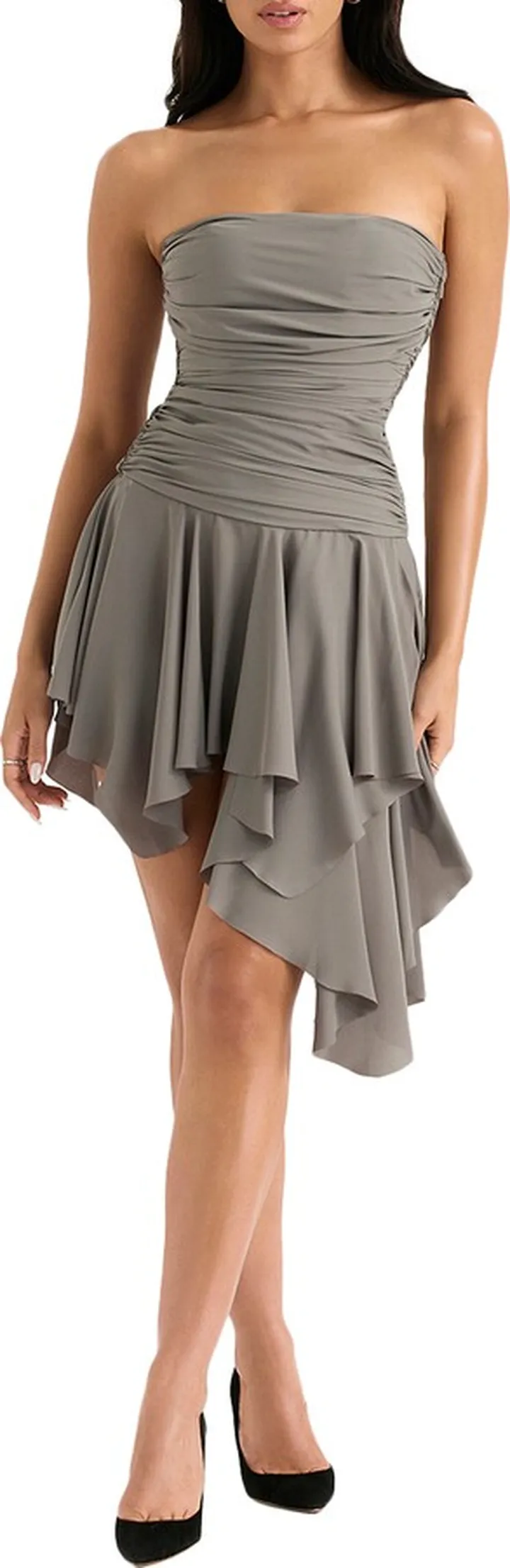 Ruched Asymmetric Ruffle Strapless Dress