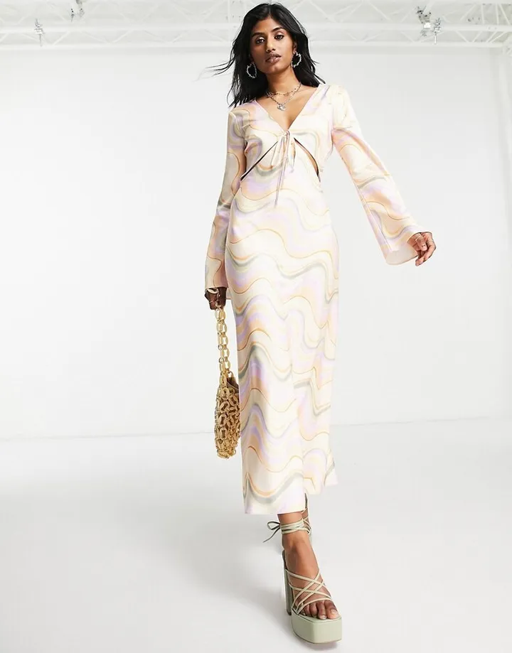 Topshop satin cut out midi dress in marble print